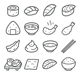 Japanese cuisine icons collection featuring sushi, tempura, rice bowl, and traditional dishes