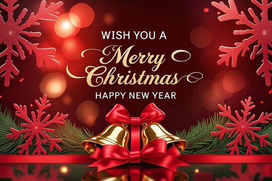 Christmas greeting card with gold bells, red ribbon, pine branches, red snowflakes, and sparkling lights, festive holiday wishes. AI-Generated.
