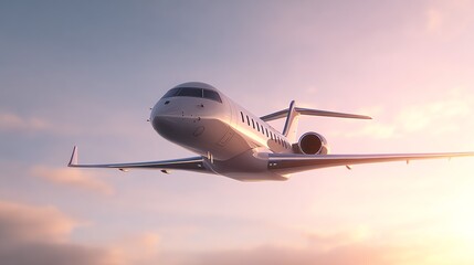 Naklejka premium A sleek, private jet soars through a pastel sky, bathed in the warm glow of a setting sun, evoking a sense of freedom and aspiration, rendered with photorealistic detail.