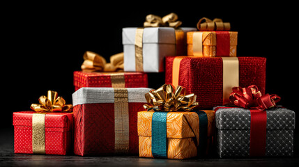 A stack of presents with ribbons and bows against a dark background creates a festive scene