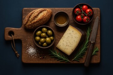 Rustic Wooden Cutting Board with Artisan Food Photography and Culinary Product Display