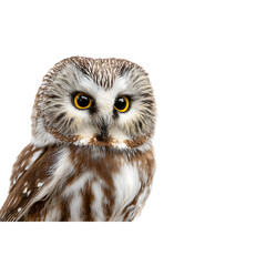 Fototapeta premium Captivating Northern Saw-whet Owl with striking yellow eyes gazes intently, perfect for nature and wildlife projects.