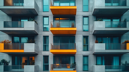 Modern apartment building balconies with orange details