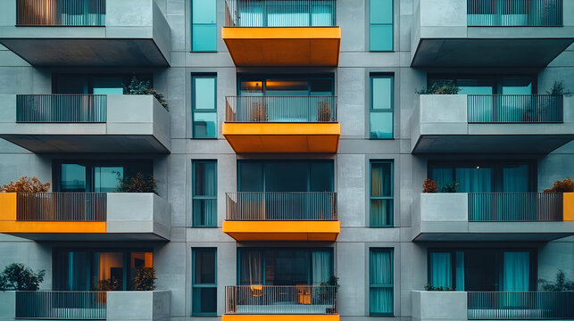 Modern apartment building balconies with orange details - Powered by Adobe