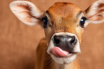 Close-up of a calf's curious face.  Brown calf with big eyes, tongue out
