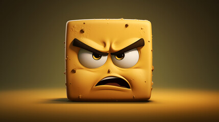 Cartoon illustration of an angry cheese cube character with exaggerated facial features, showcasing a humorous expression against a soft gradient background