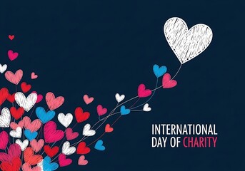 International day of charity with a stream of colorful hearts flying like balloons against a dark blue background, symbolizing hope and giving