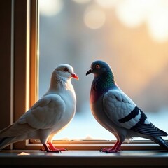 Two pigeons bask in winter sun's warmth on a window ledge One white, one gray , feathers, day