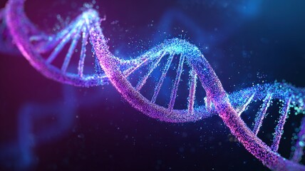 Blue purple glowing DNA helix abstract structure, molecular biology research and education concept on dark gradient background