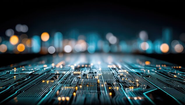 Futuristic cityscape circuit board