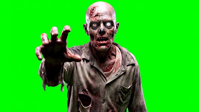 A zombie with glowing eyes and decayed skin reaches forward set against a green background