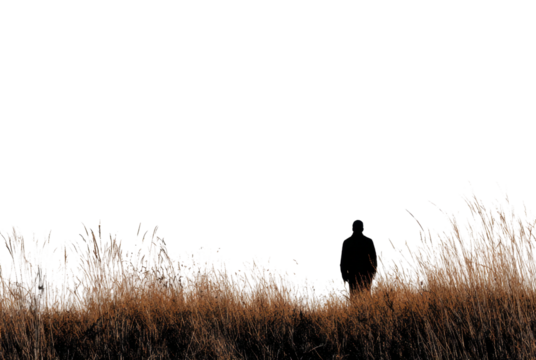 Solitary figure in tall grass open field minimalist isolated on transparent background