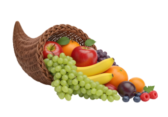 A cornucopia overflowing with vibrant fruits, showcasing a variety of colors and textures against a clean black background.