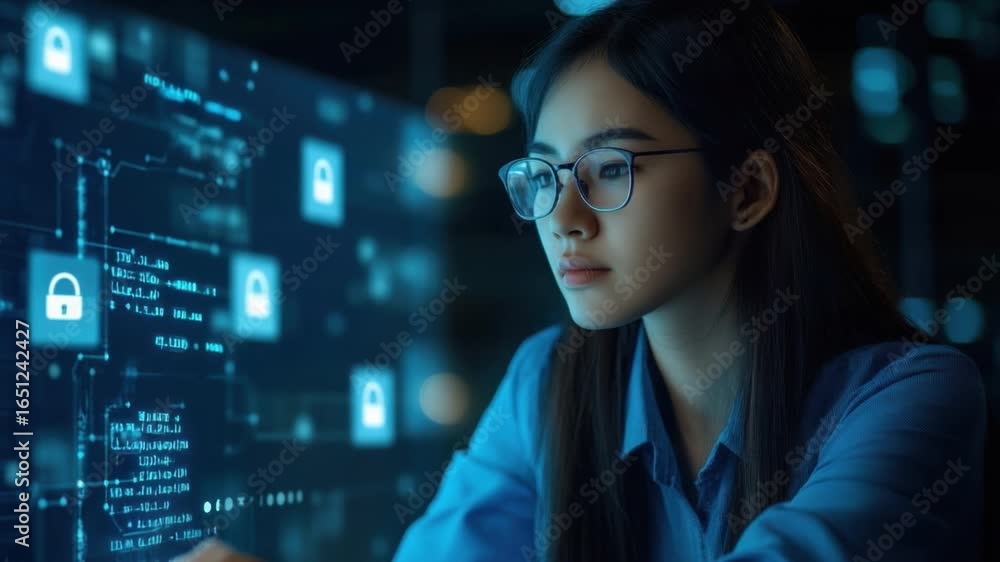 Poster young woman engaged in cybersecurity analysis with digital interface displaying lock symbols and dat