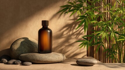 Amber glass bottle on stones, bamboo backdrop