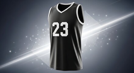 Black and white sleeveless athletic jersey displayed against an abstract background.