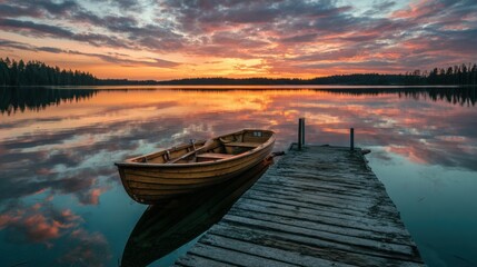 a boat is sitting on a dock at sunset