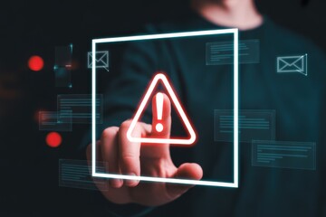 Cyber Security Alert with Person Touching Digital Warning Sign on Interface Displaying Data Protection and Network Security Vulnerability
