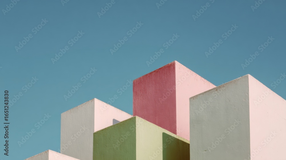 Poster a building with a sky background and a few blocks