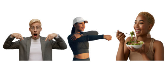 Man pointing with surprise woman stretching and woman eating isolated on white transparent background png jpg business people clipping path cutout 2025 2026 4k full hd poster banner label set download