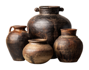 Ancient pottery display museum exhibit decorative isolated on transparent background