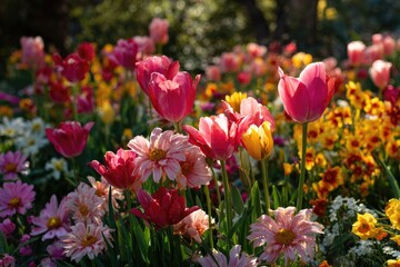 Obraz premium Vibrant flower bed in sunlight