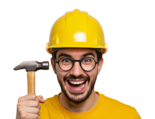 Caucasian man in yellow hard hat holding hammer with excited expression. Constructor or handyman concept on transparent background
