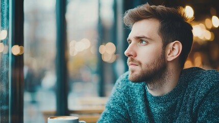 Young man enjoying a cup of coffee in a trendy cafe, looking contemplative, soft window light, urban
