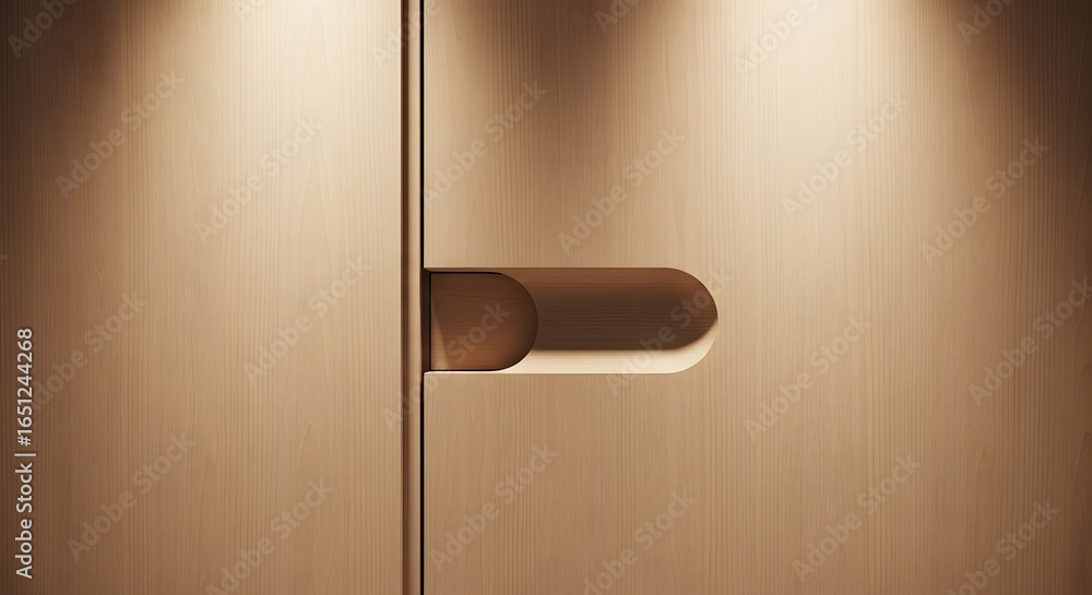 Aufkleber close up of a modern wooden door with a unique handle design in a warm and inviting light setting