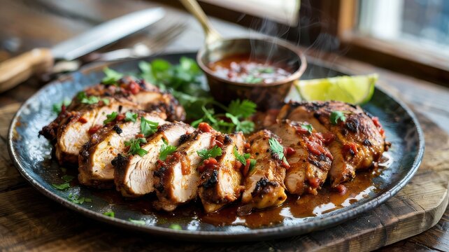 Pasilla chile chicken sliced and grilled on rustic plate with cilantro garnish and lime wedge, dark sauce in copper bowl, steam rising from hot dish