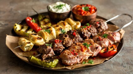 Turkish kebab plate with mixed grilled meats and vegetables served on rustic platter with traditional dipping sauces