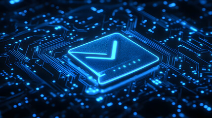 Secure email communication digital lock icon glowing blue circuit board cybersecurity encryption technology futuristic safety