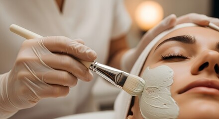 Woman receiving facial mask treatment with brush in spa setting for skincare and beauty routine