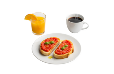 Pa amb tomaquet, or tomaca, is a classic snack in both Catalan and Spanish cuisine. It's often enjoyed for breakfast alongside a cup of coffee and some orange juice.
