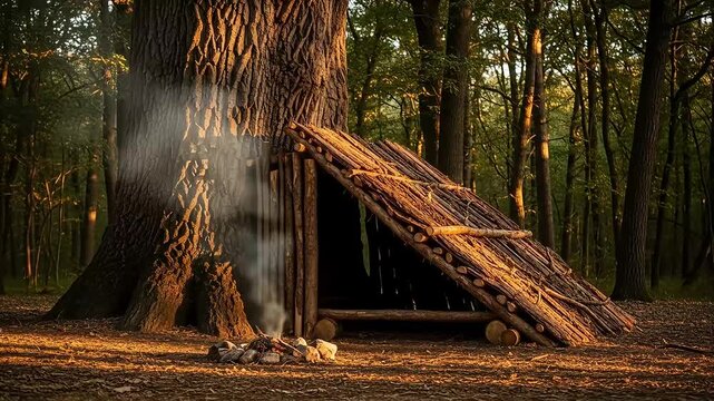 Forest lean-to shelter with fire, sunrise &ndash; Wilderness Living Stock Video