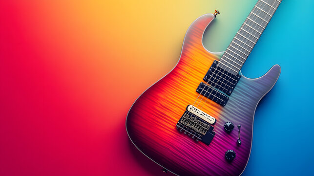 Electric guitar gradient background vibrant color musical instrument six string modern closeup wood metal artistic