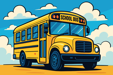 School bus journey vector: vibrant yellow bus on a scenic road with clouds