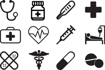 Medical Icon Set &ndash; Healthcare, Hospital, Doctor, Pharmacy, and First Aid Icons in Vector
