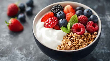 Yogurt granola strawberry blueberry raspberry blackberry mint healthy breakfast fresh bowl