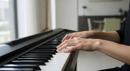 Fototapeta premium Close up view of hands playing a black and white piano in a bright and airy room with a window view