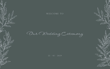 Hand Drawn Olive Wedding Welcome Sign Elegant Botanical Design