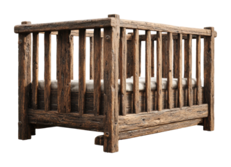 Rustic wooden crib for infants home nursery furniture cozy side view isolated on transparent background