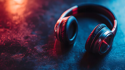 Wireless noise canceling headphones on dark textured surface with moody lighting, modern audio technology, relaxation concept