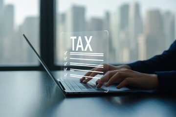 Online Tax Filing with Checklist on Laptop Against Cityscape Background Streamlining Tax Season Digital Accounting and Finance