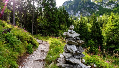 Mountain path with stone cairn (1)