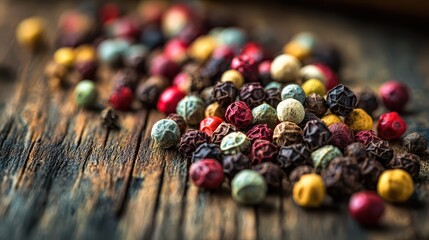 Close-up of colorful peppercorns scattered on rustic wooden surface with detailed texture and natural lighting