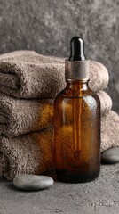 Stacked towels, brown glass dropper bottle, and stones on a textured surface