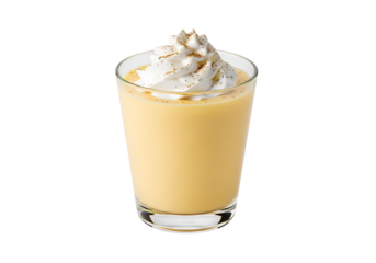 A glass tumbler filled with a smooth, creamy, light orange eggnog drink, topped with a fluffy dollop of whipped cream and a sprinkle of cinnamon.