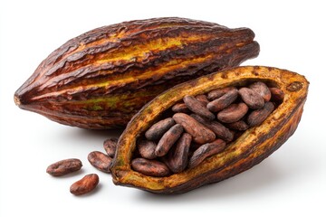Opened Cacao Pod with Beans on White Background