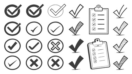 Fototapeta premium Assorted checkmark and cross icons with clipboard and pencil in black and white collection